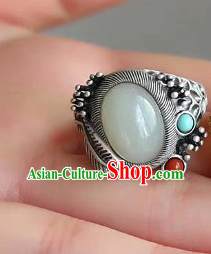 Chinese National Silver Ring Handmade Jewelry Accessories Classical White Chalcedony Circlet