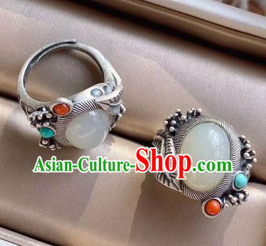 Chinese National Silver Ring Handmade Jewelry Accessories Classical White Chalcedony Circlet