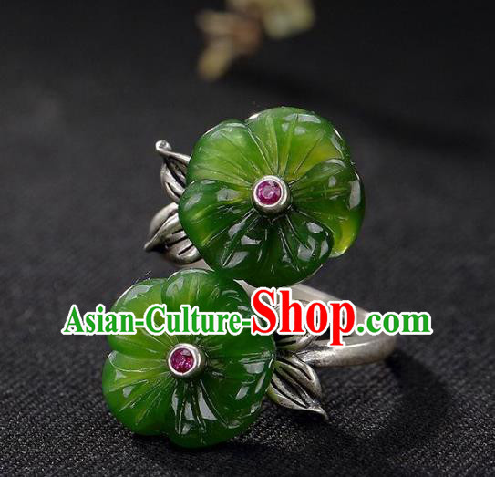 Chinese National Silver Carving Ring Handmade Jewelry Accessories Classical Green Jade Plum Circlet