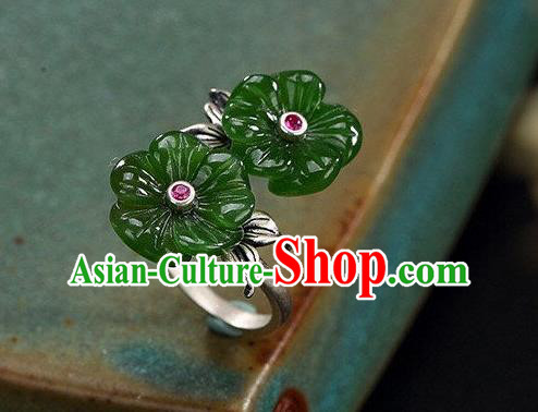 Chinese National Silver Carving Ring Handmade Jewelry Accessories Classical Green Jade Plum Circlet