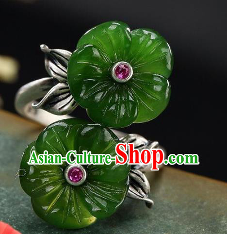 Chinese National Silver Carving Ring Handmade Jewelry Accessories Classical Green Jade Plum Circlet