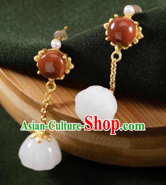 China Traditional Qing Dynasty Ear Jewelry Accessories National Cheongsam Jade Lotus Seedpod Earrings