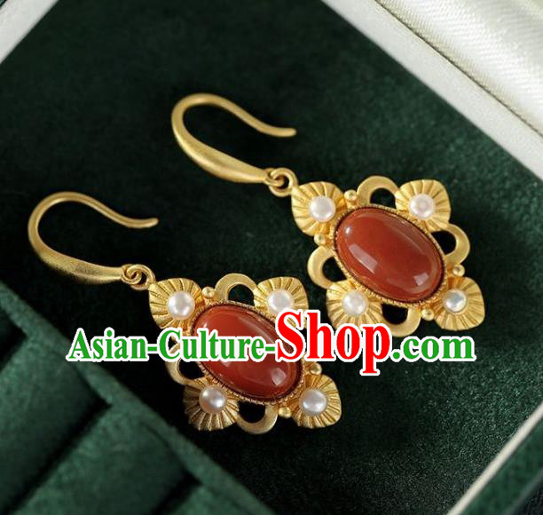 China Traditional Pearls Golden Ear Jewelry Accessories National Cheongsam Agate Earrings