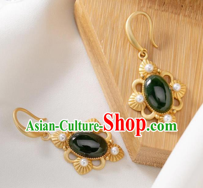 China Traditional Jade Ear Jewelry Accessories National Cheongsam Pearls Golden Earrings