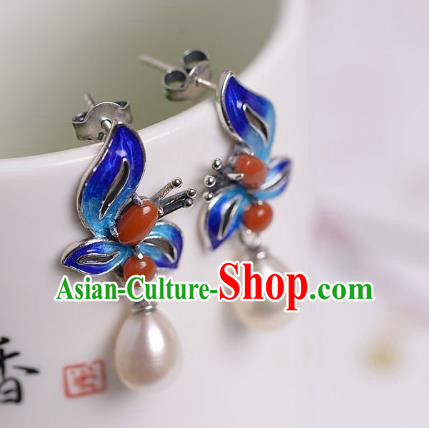 China Traditional Agate Pearl Ear Jewelry Accessories National Cheongsam Cloisonne Butterfly Earrings
