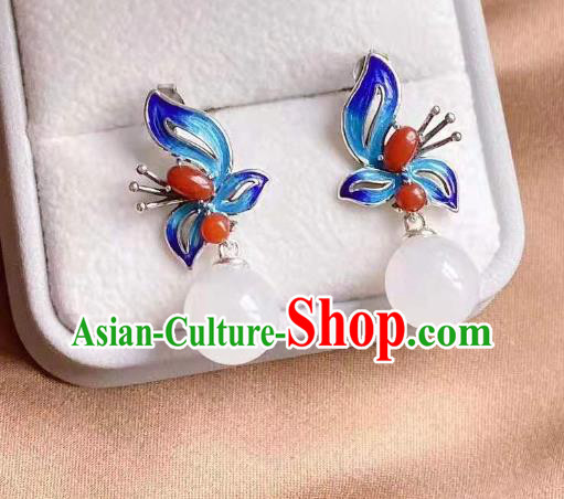China Traditional Agate Pearl Ear Jewelry Accessories National Cheongsam Cloisonne Butterfly Earrings