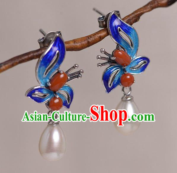 China Traditional Agate Pearl Ear Jewelry Accessories National Cheongsam Cloisonne Butterfly Earrings