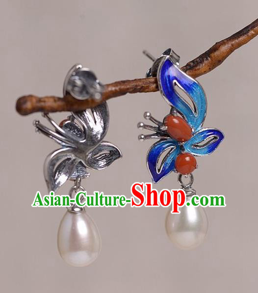 China Traditional Agate Pearl Ear Jewelry Accessories National Cheongsam Cloisonne Butterfly Earrings