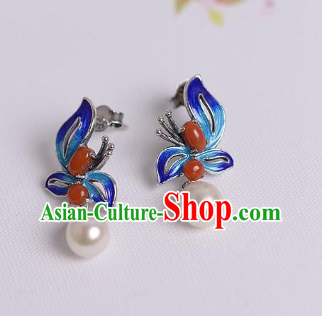 China Traditional Agate Pearl Ear Jewelry Accessories National Cheongsam Cloisonne Butterfly Earrings