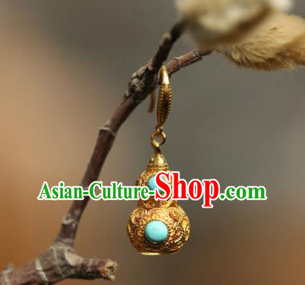 China National Cheongsam Golden Gourd Earrings Traditional Qing Dynasty Court Ear Jewelry Accessories