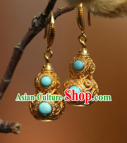 China National Cheongsam Golden Gourd Earrings Traditional Qing Dynasty Court Ear Jewelry Accessories
