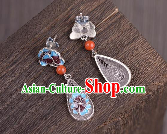 China National Cheongsam Silver Earrings Traditional Cloisonne Peony Ear Jewelry Accessories