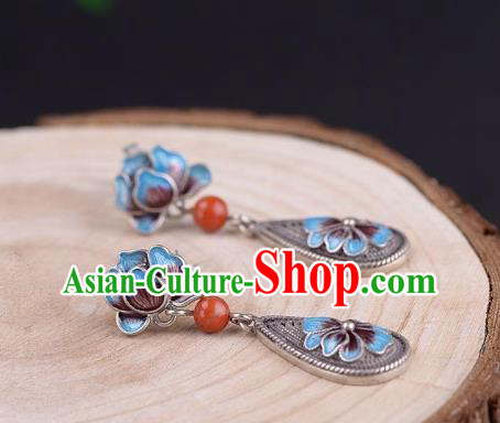 China National Cheongsam Silver Earrings Traditional Cloisonne Peony Ear Jewelry Accessories