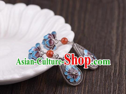 China National Cheongsam Silver Earrings Traditional Cloisonne Peony Ear Jewelry Accessories