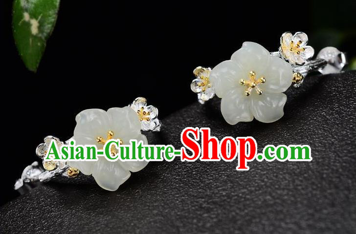 China Traditional Jade Plum Ear Jewelry Accessories National Cheongsam Silver Earrings