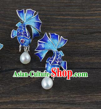 China Traditional Blueing Fish Ear Jewelry Accessories National Cheongsam Pearl Earrings