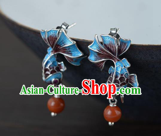 China Traditional Agate Ear Jewelry Accessories National Cheongsam Cloisonne Goldfish Earrings