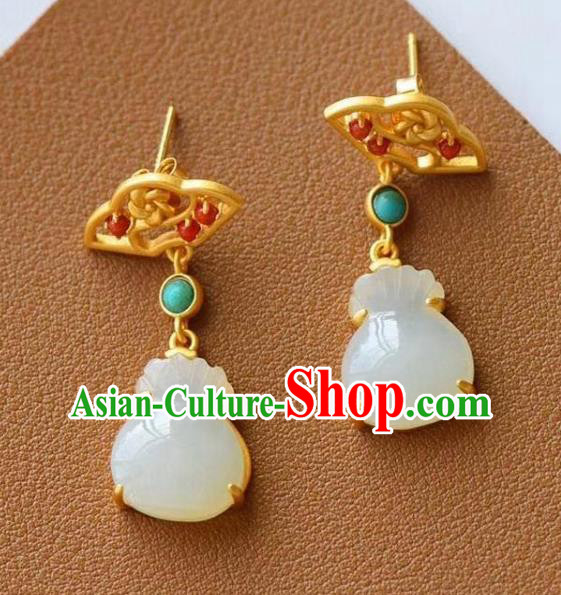 China Traditional Golden Ear Jewelry Accessories National Cheongsam Chalcedony Lucky Bag Earrings