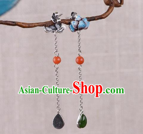 China Traditional Cloisonne Lotus Ear Jewelry Accessories National Cheongsam Jade Tassel Earrings