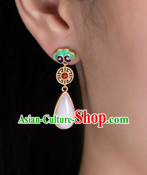 China Traditional White Jade Ear Jewelry Accessories National Cheongsam Enamel Cloud Earrings