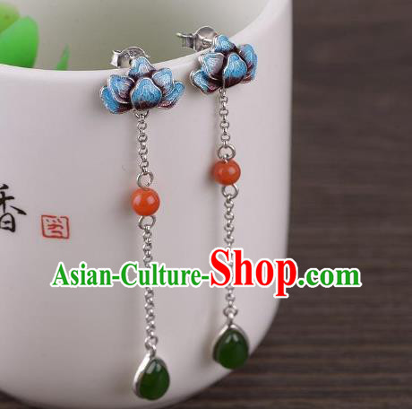 China Traditional Cloisonne Lotus Ear Jewelry Accessories National Cheongsam Jade Tassel Earrings