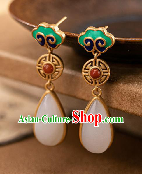 China Traditional White Jade Ear Jewelry Accessories National Cheongsam Enamel Cloud Earrings
