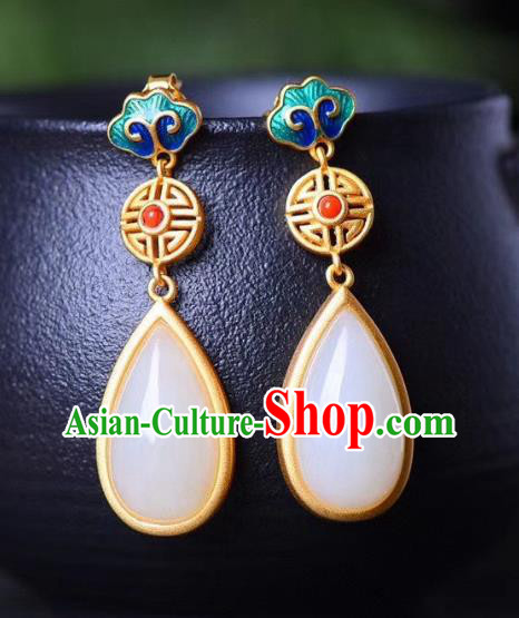 China Traditional White Jade Ear Jewelry Accessories National Cheongsam Enamel Cloud Earrings
