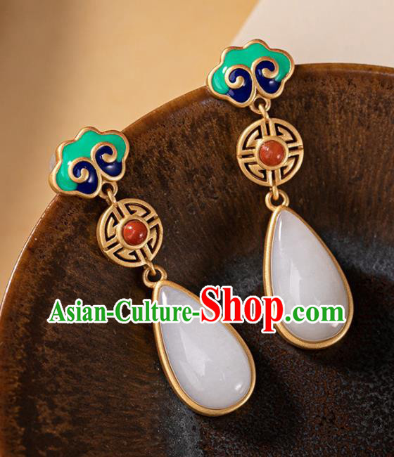 China Traditional White Jade Ear Jewelry Accessories National Cheongsam Enamel Cloud Earrings