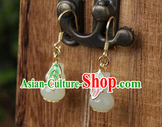 China Traditional Cloisonne Leaf Ear Jewelry Accessories National Cheongsam Jade Gourd Earrings