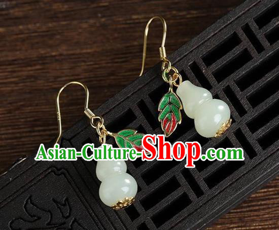 China Traditional Cloisonne Leaf Ear Jewelry Accessories National Cheongsam Jade Gourd Earrings