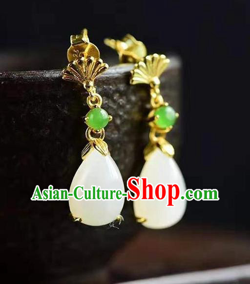 China Traditional Golden Fan Ear Jewelry Accessories National Cheongsam Jade Earrings