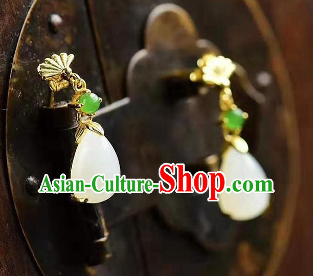China Traditional Golden Fan Ear Jewelry Accessories National Cheongsam Jade Earrings