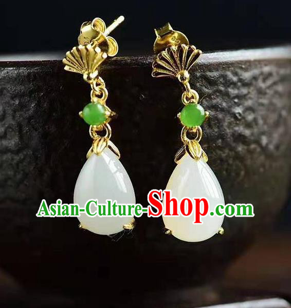 China Traditional Golden Fan Ear Jewelry Accessories National Cheongsam Jade Earrings