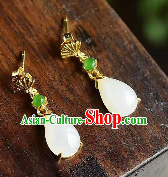 China Traditional Golden Fan Ear Jewelry Accessories National Cheongsam Jade Earrings