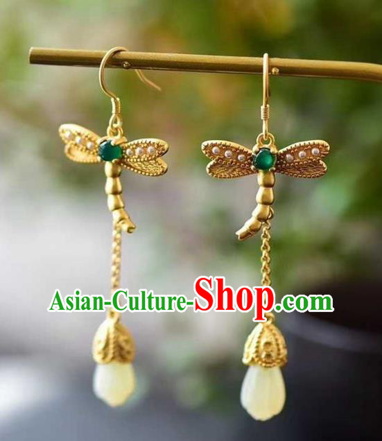 China Traditional Golden Dragonfly Ear Jewelry Accessories National Cheongsam Jade Mangnolia Earrings