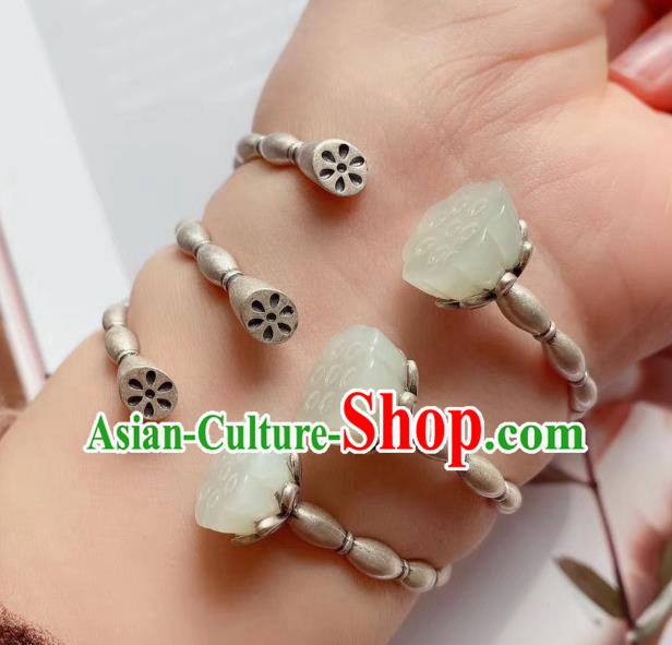China Handmade Jade Bracelet Accessories Traditional National Silver Lotus Root Bangle Jewelry