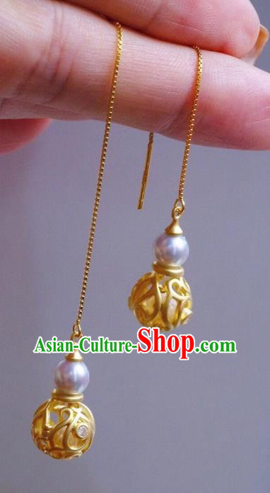 China Traditional Golden Gourd Ear Jewelry Accessories Classical Cheongsam Pearl Long Earrings