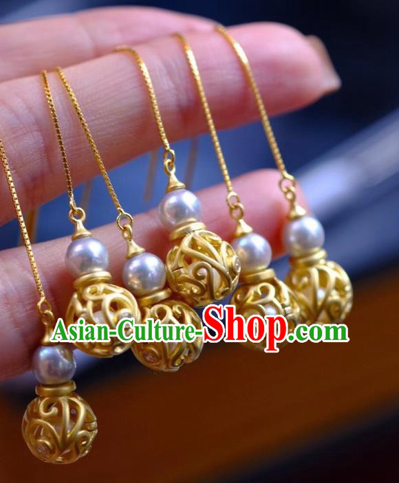 China Traditional Golden Gourd Ear Jewelry Accessories Classical Cheongsam Pearl Long Earrings