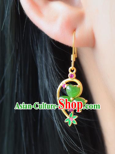 China Traditional Green Jade Ear Jewelry Accessories Classical Cheongsam Golden Earrings