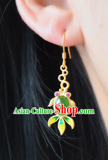 China Traditional Enamel Jade Ear Jewelry Accessories Classical Cheongsam Golden Fish Earrings