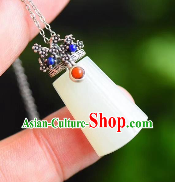 China Traditional Cheongsam Jade Necklace Jewelry Handmade Silver Plum Necklet Pendant Accessories