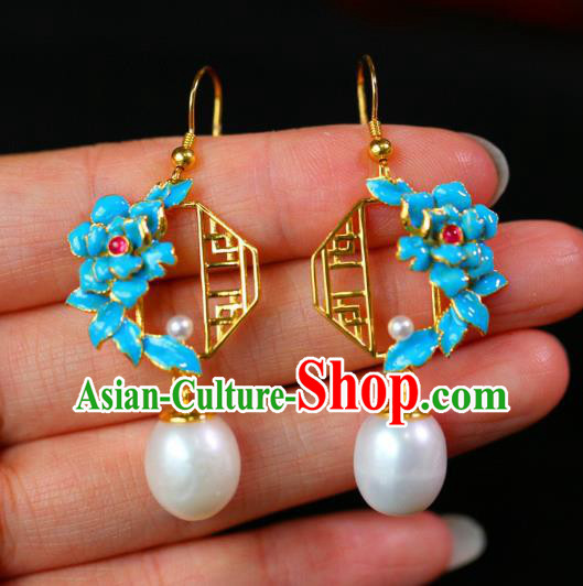 China Traditional Pearl Ear Jewelry Accessories Classical Cheongsam Blueing Peony Earrings