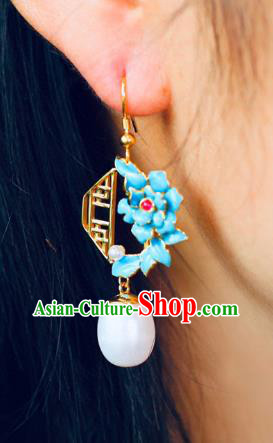 China Traditional Pearl Ear Jewelry Accessories Classical Cheongsam Blueing Peony Earrings