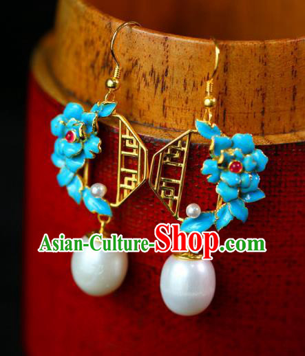 China Traditional Pearl Ear Jewelry Accessories Classical Cheongsam Blueing Peony Earrings