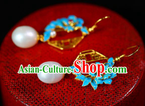 China Traditional Pearl Ear Jewelry Accessories Classical Cheongsam Blueing Peony Earrings