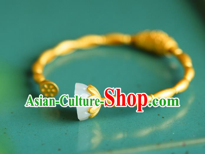 China Handmade Jade Lotus Seedpod Bracelet Accessories Traditional National Golden Bangle Jewelry