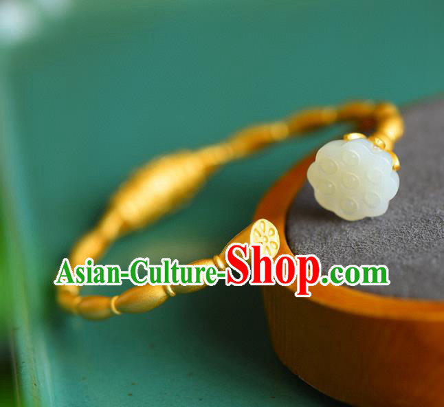 China Handmade Jade Lotus Seedpod Bracelet Accessories Traditional National Golden Bangle Jewelry