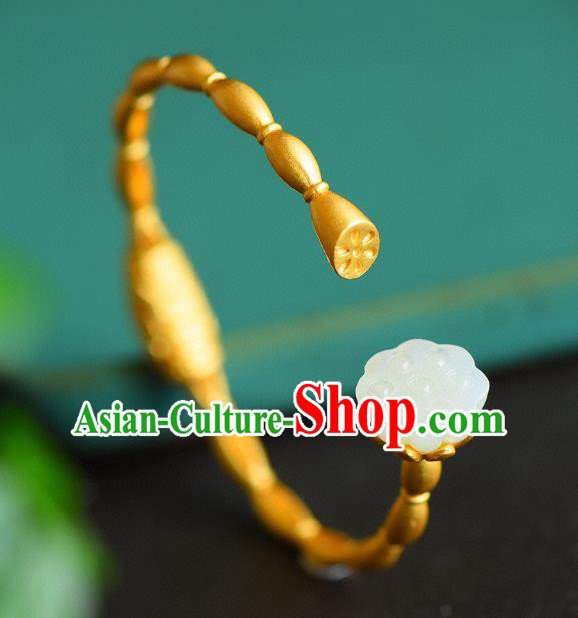 China Handmade Jade Lotus Seedpod Bracelet Accessories Traditional National Golden Bangle Jewelry