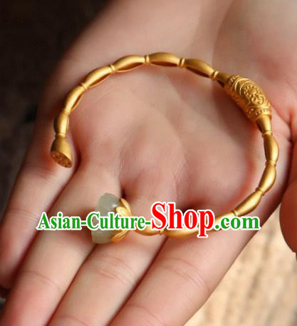 China Handmade Jade Lotus Seedpod Bracelet Accessories Traditional National Golden Bangle Jewelry