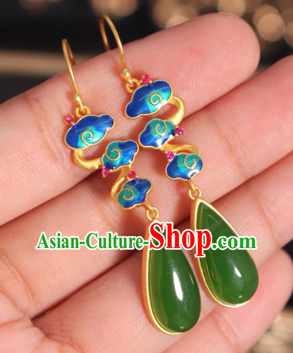 China Traditional Green Jade Ear Jewelry Accessories Classical Cheongsam Enamel Cloud Earrings